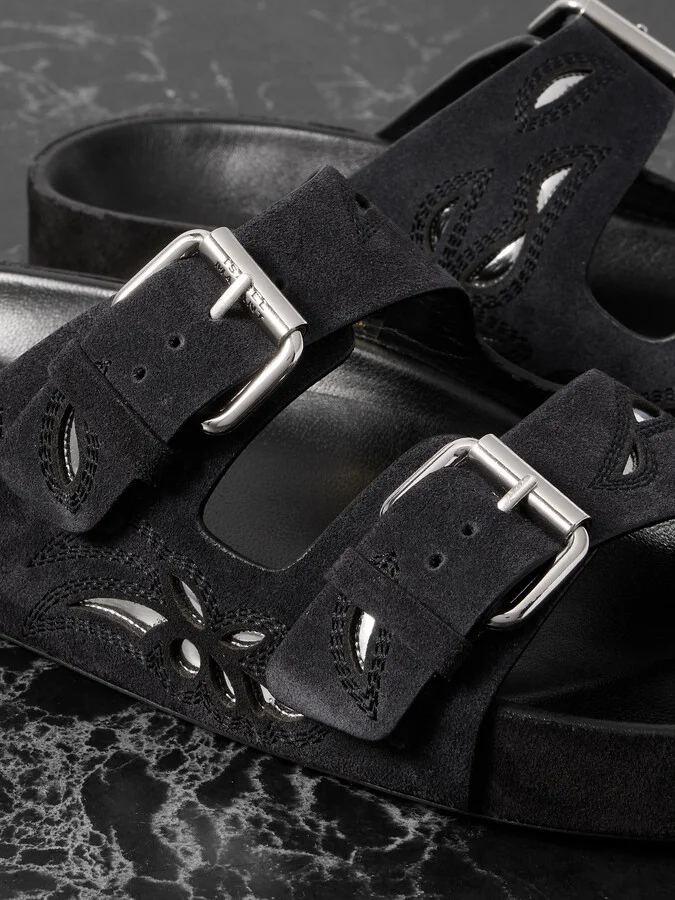 Isabel Marant - Lennyo Embroidered Cutout Suede Slides - Black - Image 4