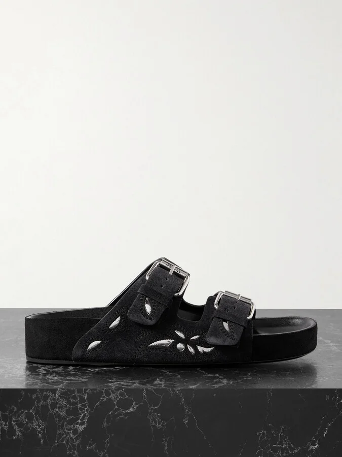 Isabel Marant - Lennyo Embroidered Cutout Suede Slides - Black
