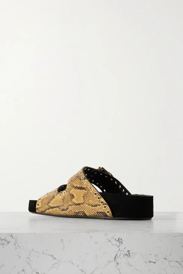 Isabel Marant - Lennyo Eyelet-embellished Snake-effect Leather Slides - Yellow - Image 3