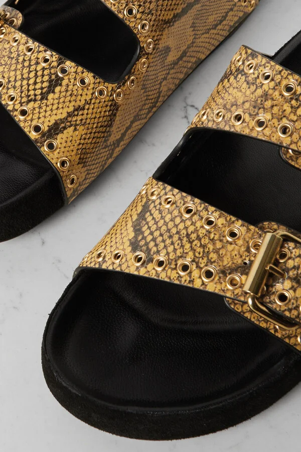 Isabel Marant - Lennyo Eyelet-embellished Snake-effect Leather Slides - Yellow - Image 4