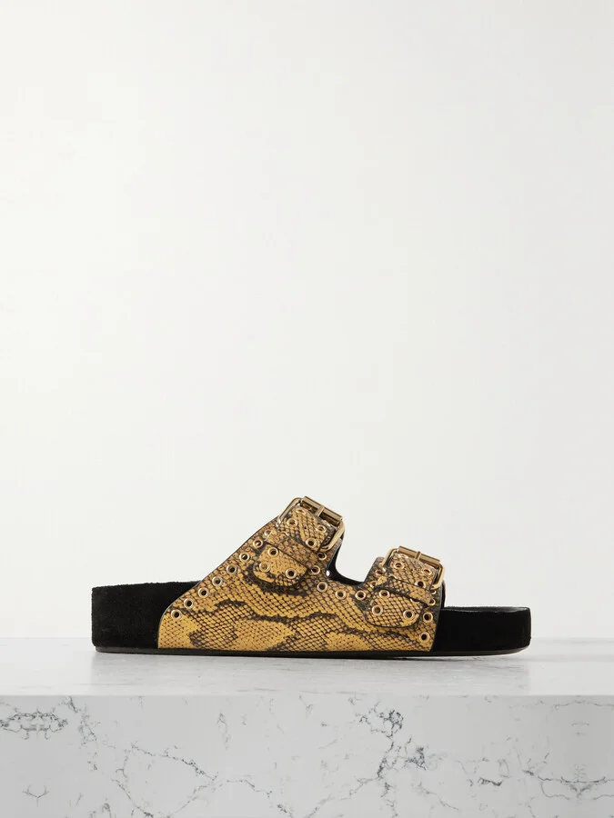 Isabel Marant - Lennyo Eyelet-embellished Snake-effect Leather Slides - Yellow