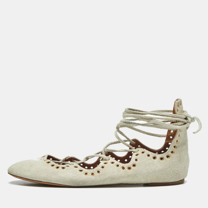 Isabel Marant Light Grey Suede Leo Eyelet Ankle Tie Ballet Flats Size 38