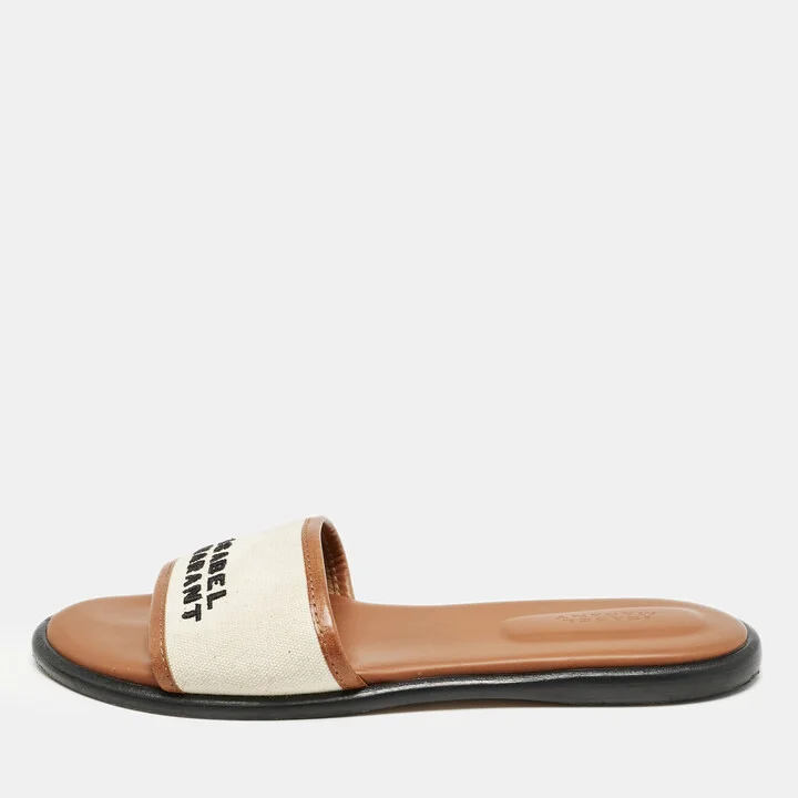Isabel Marant Off White/Brown Canvas and Leather Vikee Flat Slide Sandals Size 39
