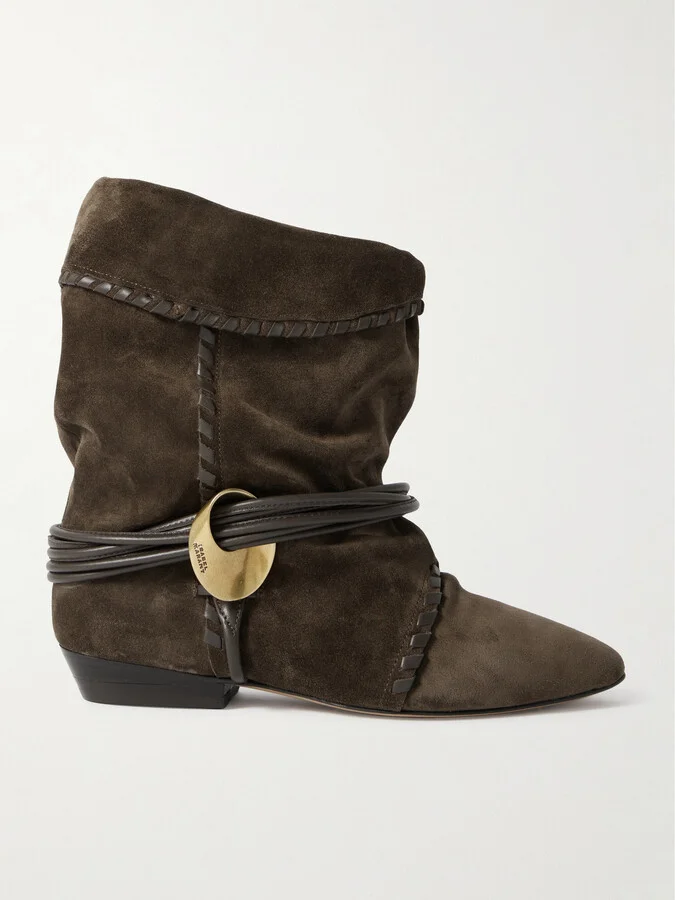 Isabel Marant - Sellen Embellished Whipstitched Leather-trimmed Suede Ankle Boots - Brown