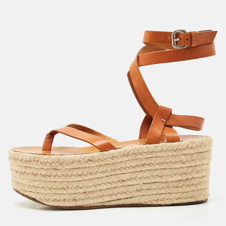 Isabel Marant Tan Leather Ankle Wrap Platform Espadrille Sandals Size 37