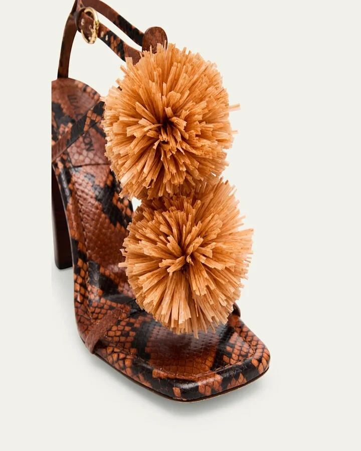 Isolde Embossed Snake Pom Pom T-Strap Sandals - Image 2