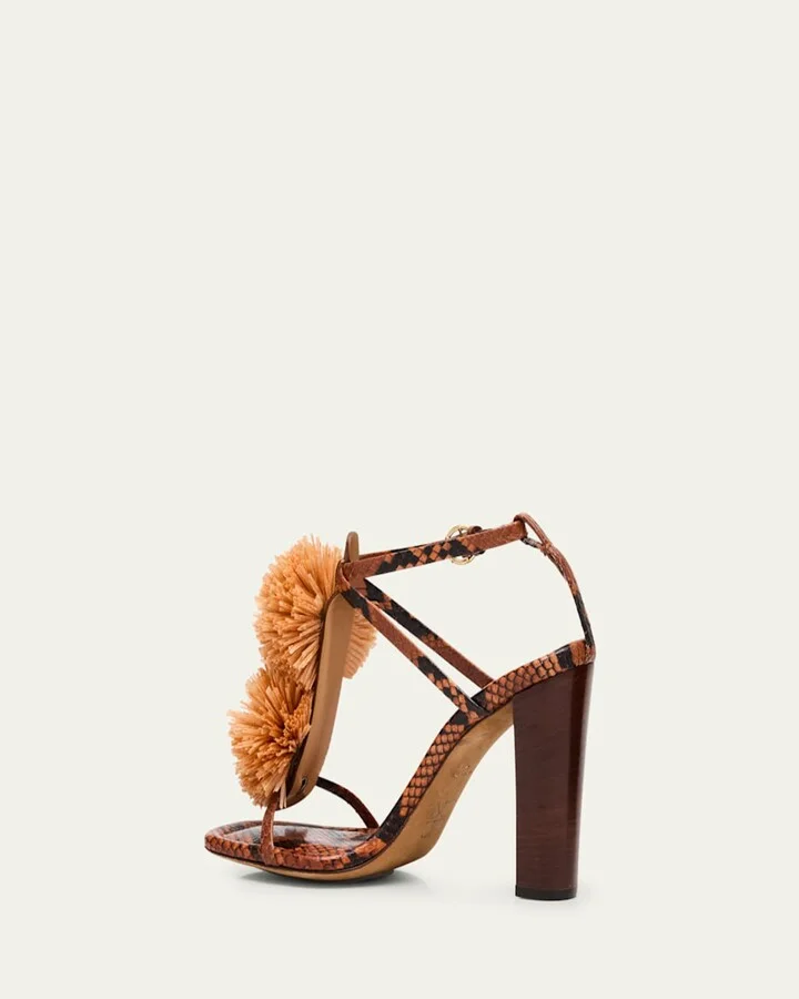 Isolde Embossed Snake Pom Pom T-Strap Sandals - Image 3