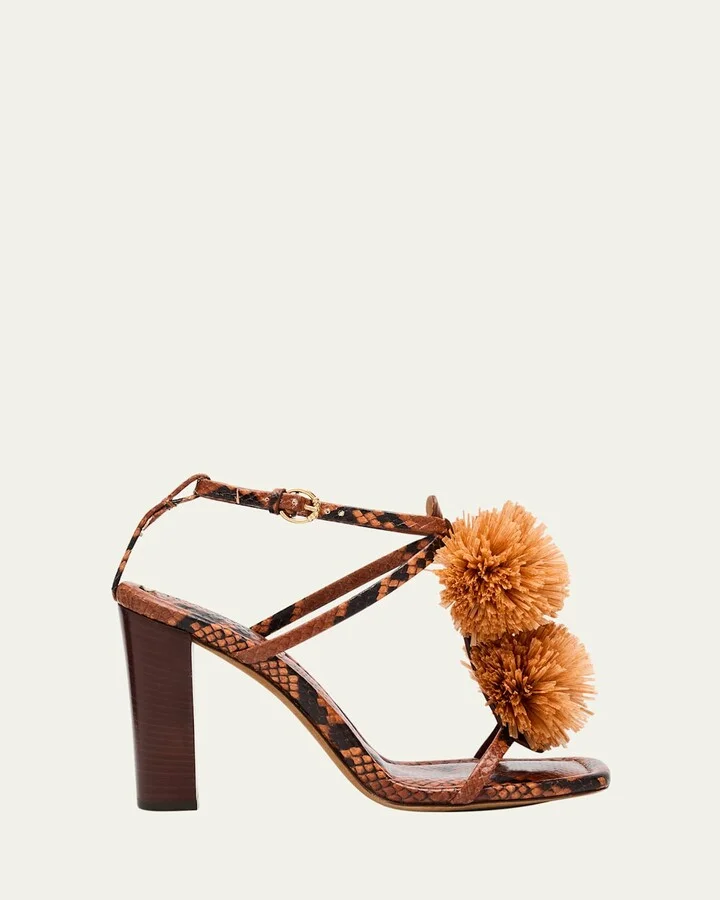 Isolde Embossed Snake Pom Pom T-Strap Sandals