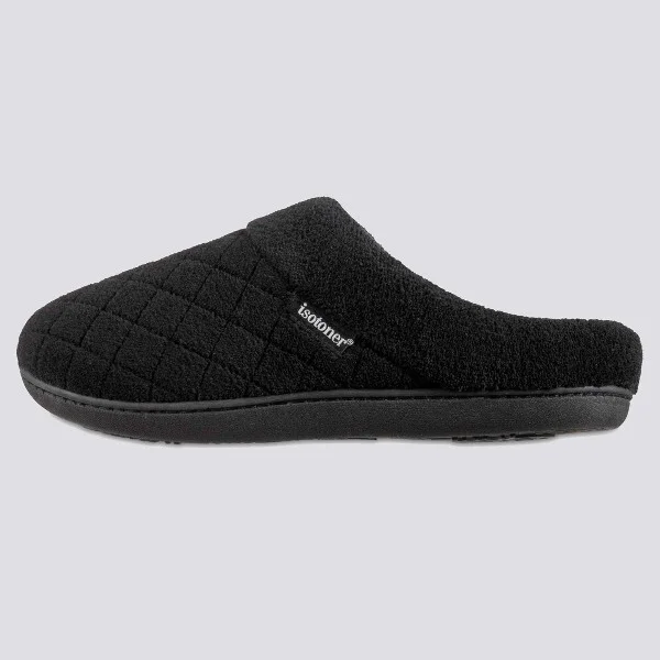 Isotoner Women's Diamond Quilted Microterry Hoodback lippers - Black - Image 2
