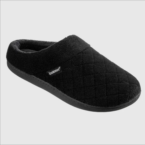 Isotoner Women's Diamond Quilted Microterry Hoodback lippers - Black