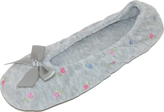 Isotoner Women's Embroidered Terry Ballerina Slippers, Xlarge, Heather Grey