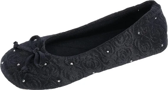 Isotoner Women's Terry Lined Rose Quilted Ballerina Slippers, Xlarge, Black