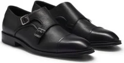 Italian-made double-strap monk shoes in grained leather- Black Men's Business Shoes size 9