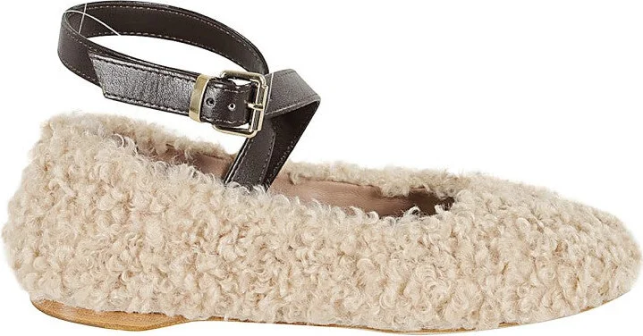 Ivory Ballet Flats With Faux Fur Textures