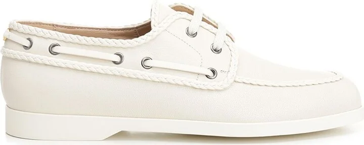 Ivory White Leather Boat Loafer Sneakers White