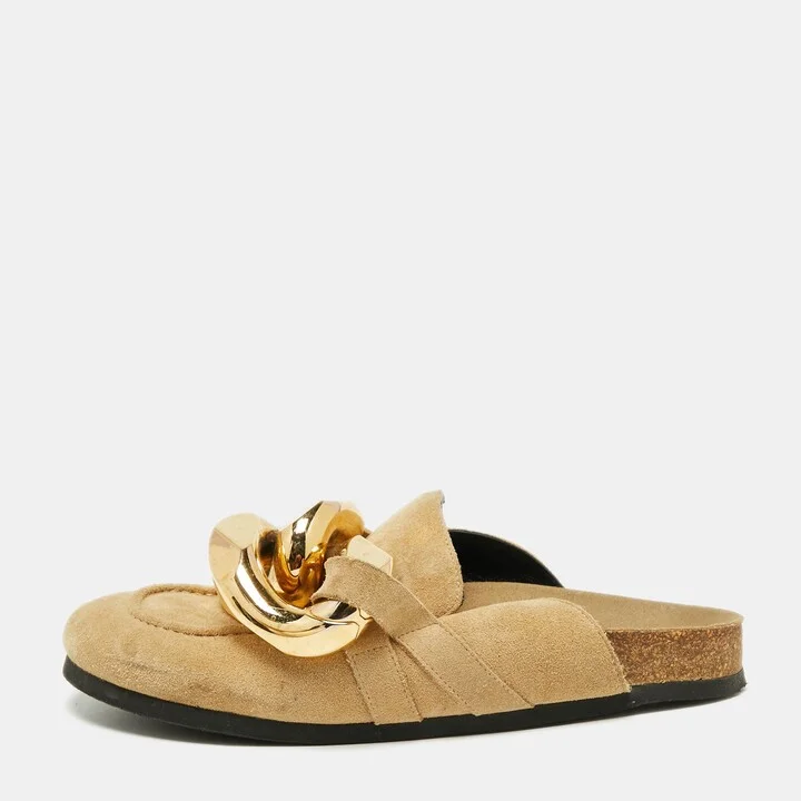 J.W.Anderson Beige Suede Chain Link Accents Flat Slide Sandals Size 39