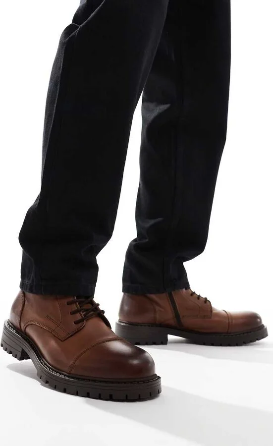 Jack & Jones chunky leather lace up boot in brown - Image 2