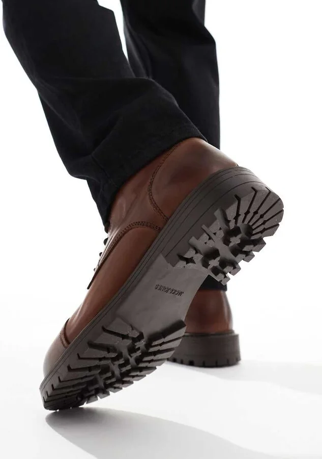 Jack & Jones chunky leather lace up boot in brown - Image 3
