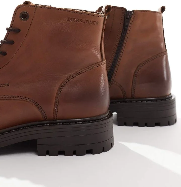 Jack & Jones chunky leather lace up boot in brown - Image 4