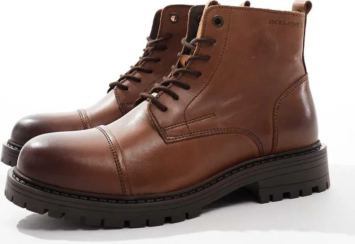 Jack & Jones chunky leather lace up boot in brown