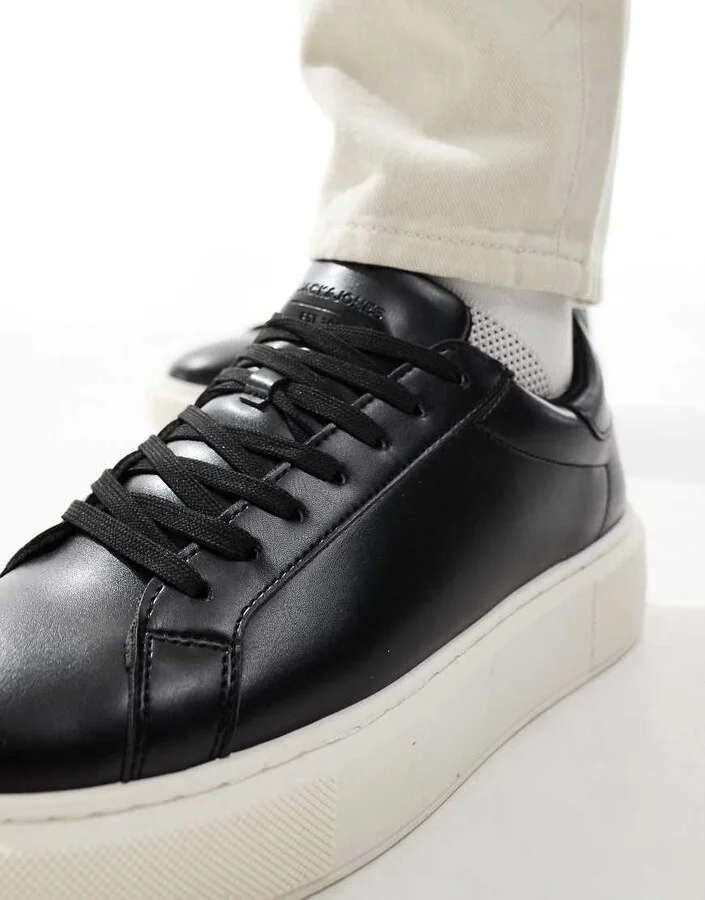 Jack & Jones faux leather trainer in black - Image 3
