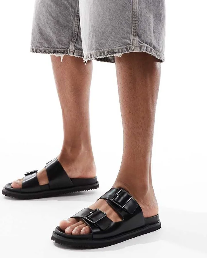 Jack & Jones leather double strap sandal in black