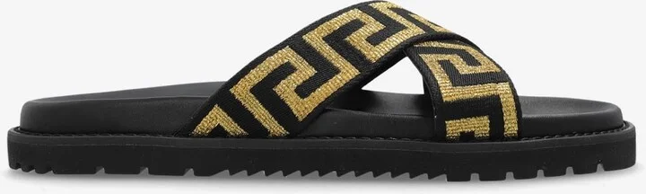 Jacquard Greca Motif Leather Slides