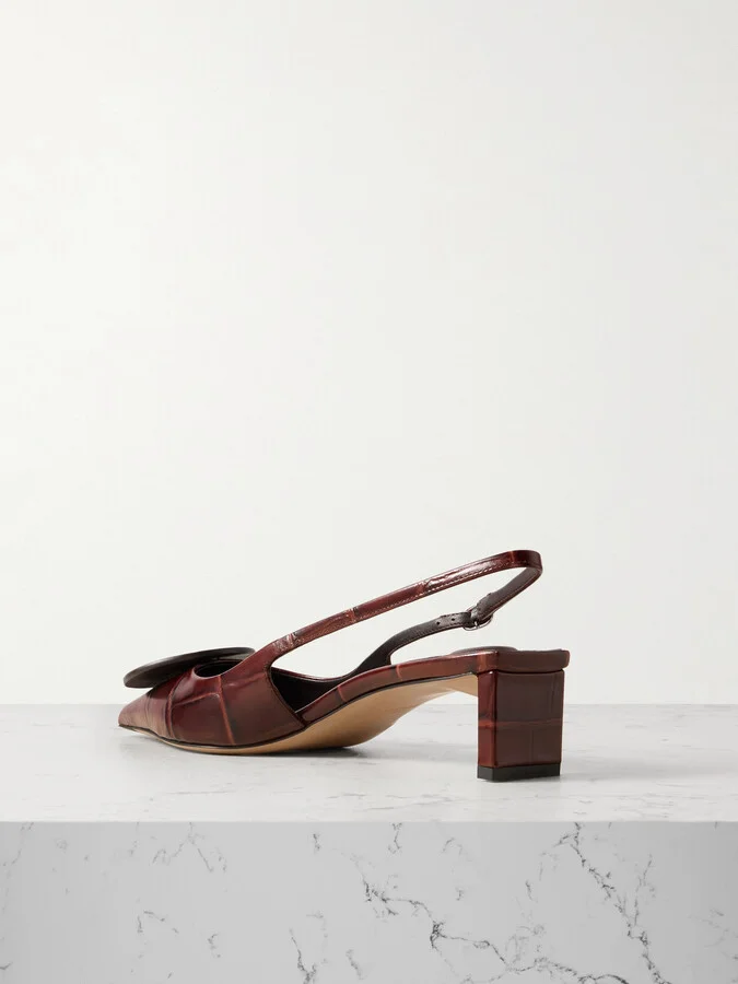 Jacquemus - Duelo Embellished Croc-effect Leather Slingback Pumps - Brown - Image 3