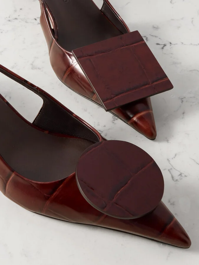 Jacquemus - Duelo Embellished Croc-effect Leather Slingback Pumps - Brown - Image 4