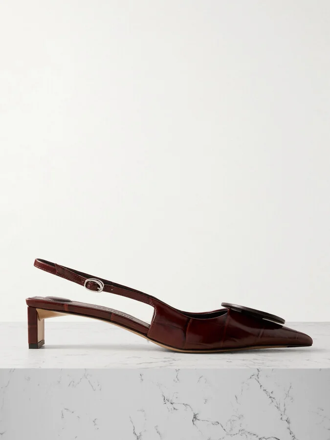 Jacquemus - Duelo Embellished Croc-effect Leather Slingback Pumps - Brown