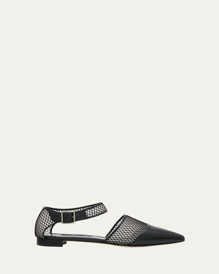 Jatelah Leather Net Ankle-Strap Flats