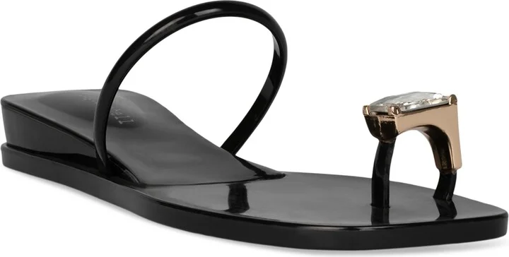 Jeffrey Campbell Balia Gemstome Embellished Flat Jelly Sandals - Black Shiny/Clear