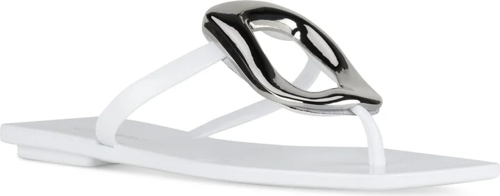 Jeffrey Campbell Linques-j Embellished T-Strap Flat Jelly Sandals - White Shiny/Silver