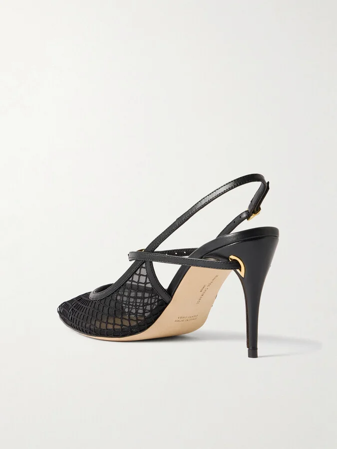 Jennifer Chamandi - Edoardo 85 Leather-trimmed Mesh Slingback Pumps - Black - Image 3