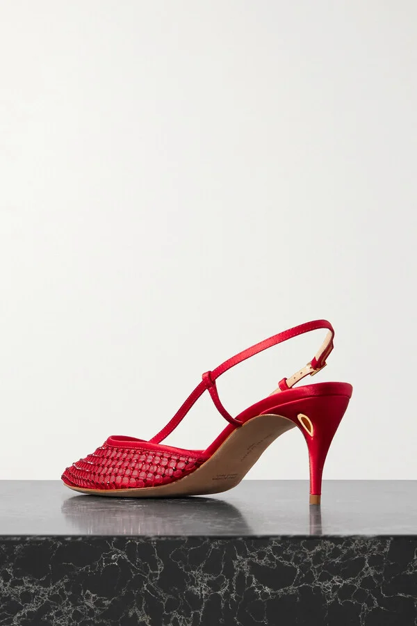 Jennifer Chamandi - Mario 65 Satin And Crystal-embellished Mesh Slingback Pumps - Red - Image 3