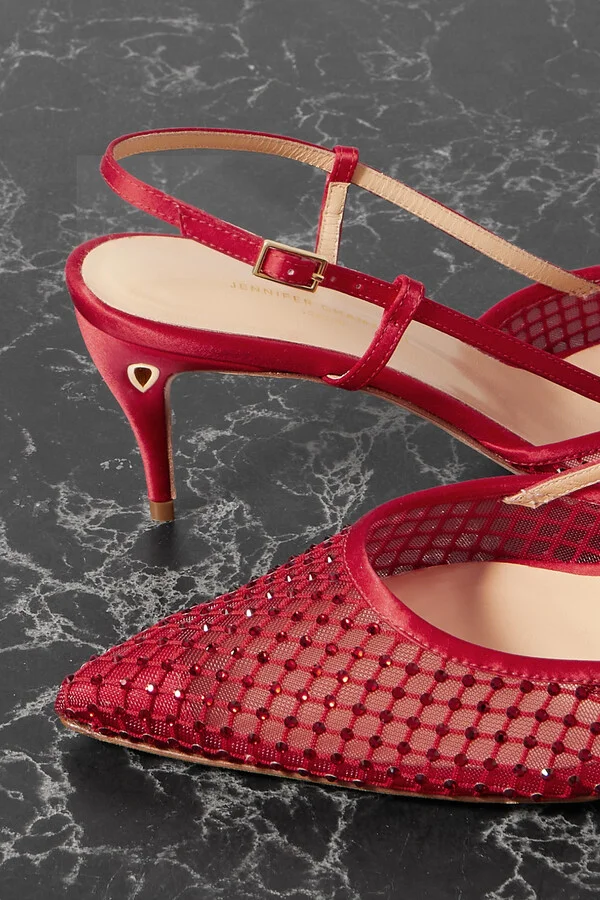 Jennifer Chamandi - Mario 65 Satin And Crystal-embellished Mesh Slingback Pumps - Red - Image 4