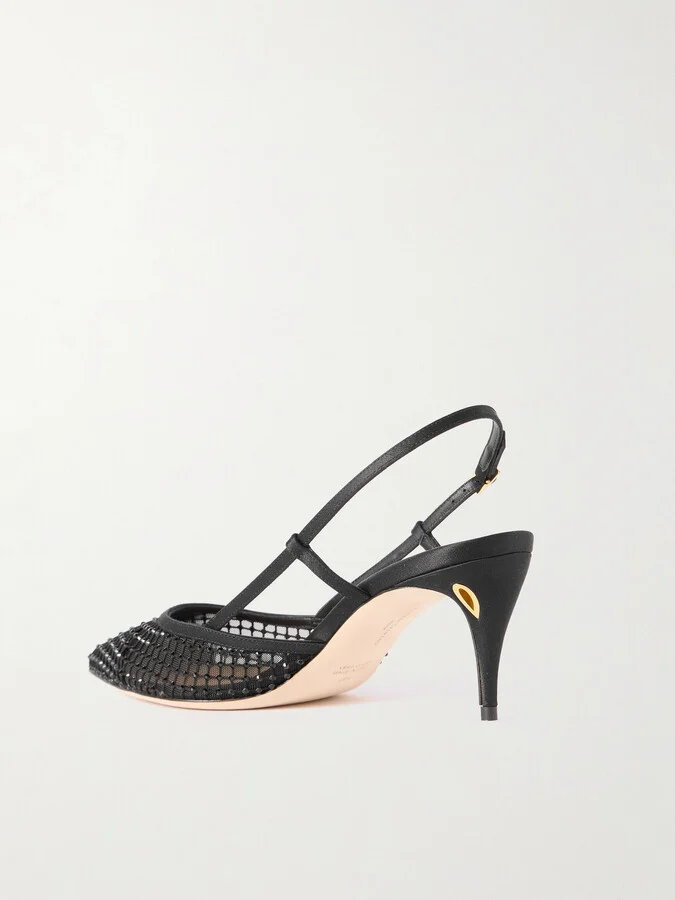 Jennifer Chamandi - Mario 65 Satin-trimmed Crystal-embellished Mesh Slingback Pumps - Black - Image 3