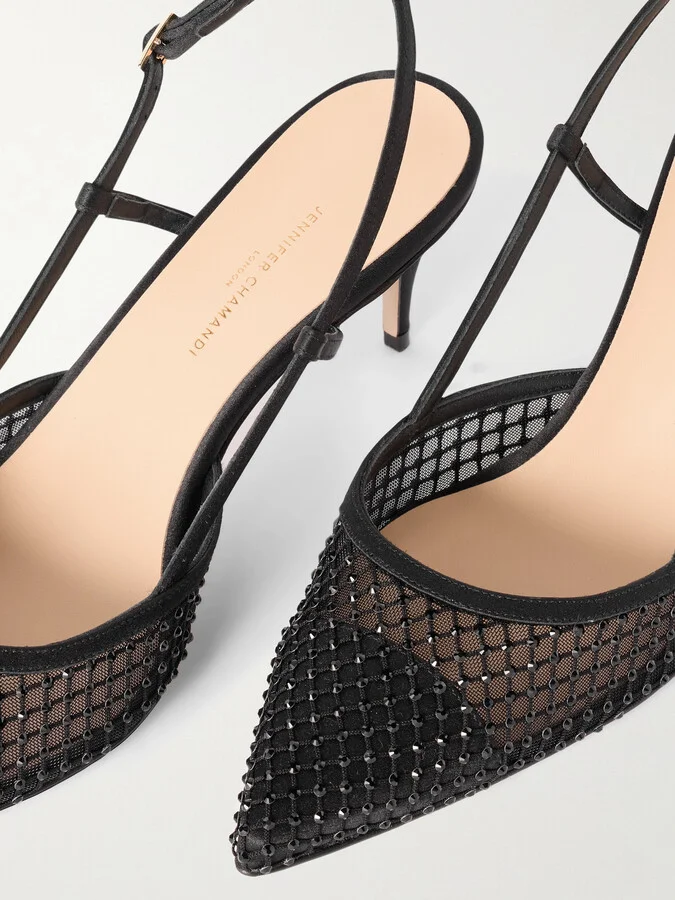 Jennifer Chamandi - Mario 65 Satin-trimmed Crystal-embellished Mesh Slingback Pumps - Black - Image 4