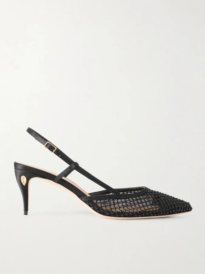 Jennifer Chamandi - Mario 65 Satin-trimmed Crystal-embellished Mesh Slingback Pumps - Black