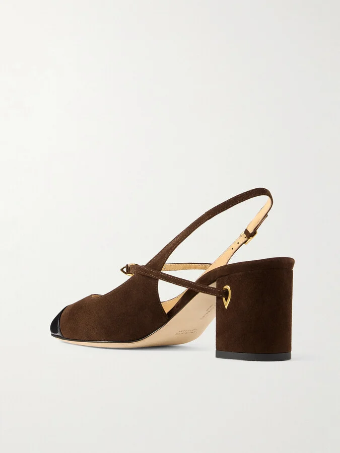Jennifer Chamandi - Mattia Patent Leather-trimmed Suede Slingback Pumps - Brown - Image 3