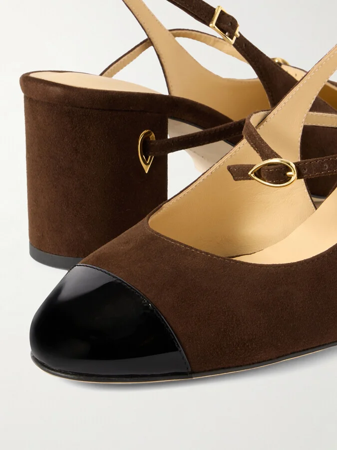 Jennifer Chamandi - Mattia Patent Leather-trimmed Suede Slingback Pumps - Brown - Image 4