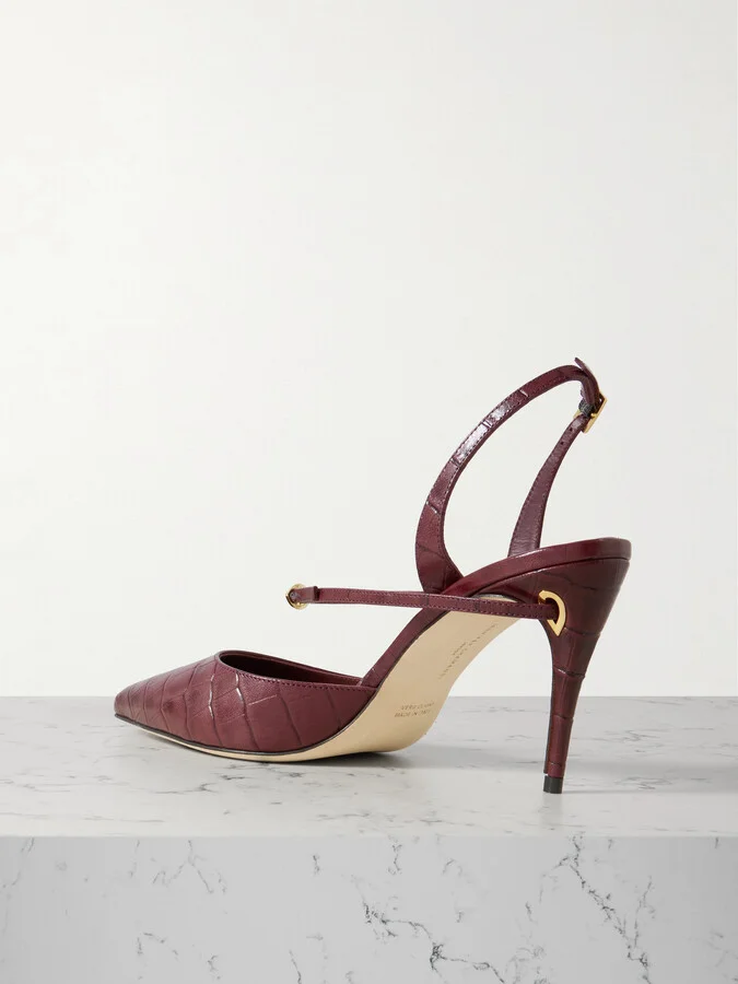 Jennifer Chamandi - Vittorio 85 Croc-effect Leather Point-toe Slingback Pumps - Burgundy - Image 3