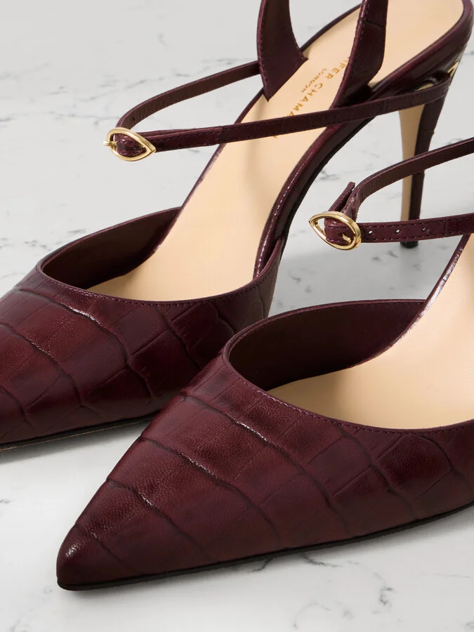 Jennifer Chamandi - Vittorio 85 Croc-effect Leather Point-toe Slingback Pumps - Burgundy - Image 4