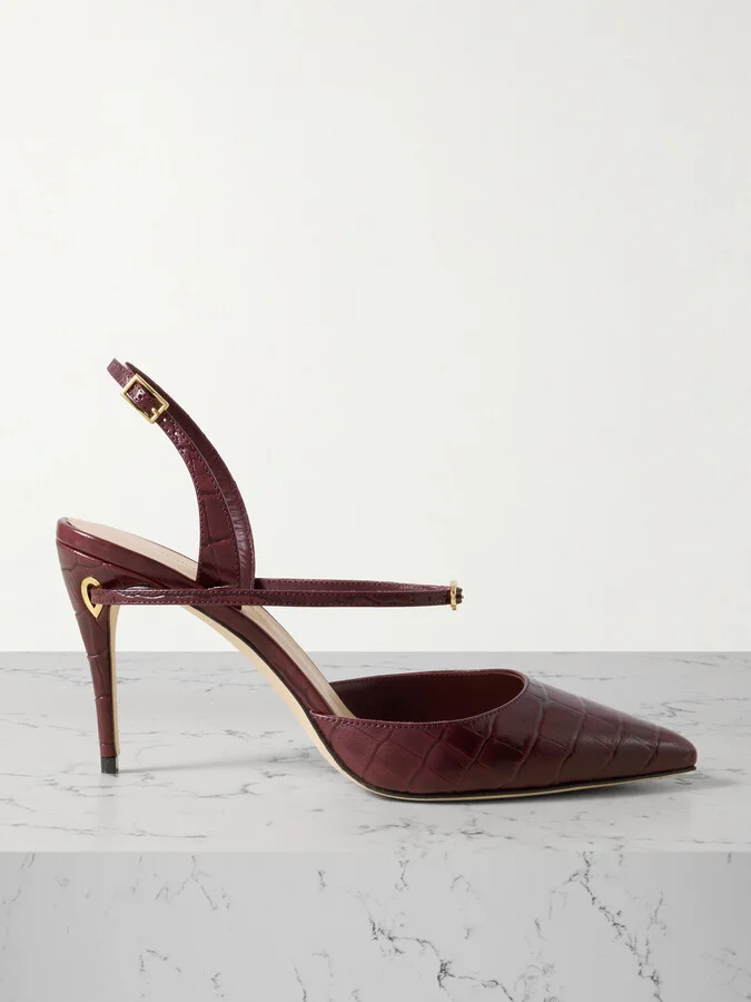 Jennifer Chamandi - Vittorio 85 Croc-effect Leather Point-toe Slingback Pumps - Burgundy
