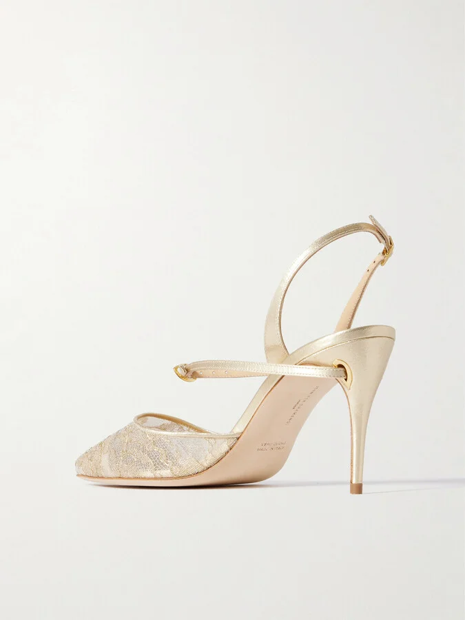 Jennifer Chamandi - Vittorio 85 Lamé-trimmed Metallic Lace Slingback Pumps - Gold - Image 3