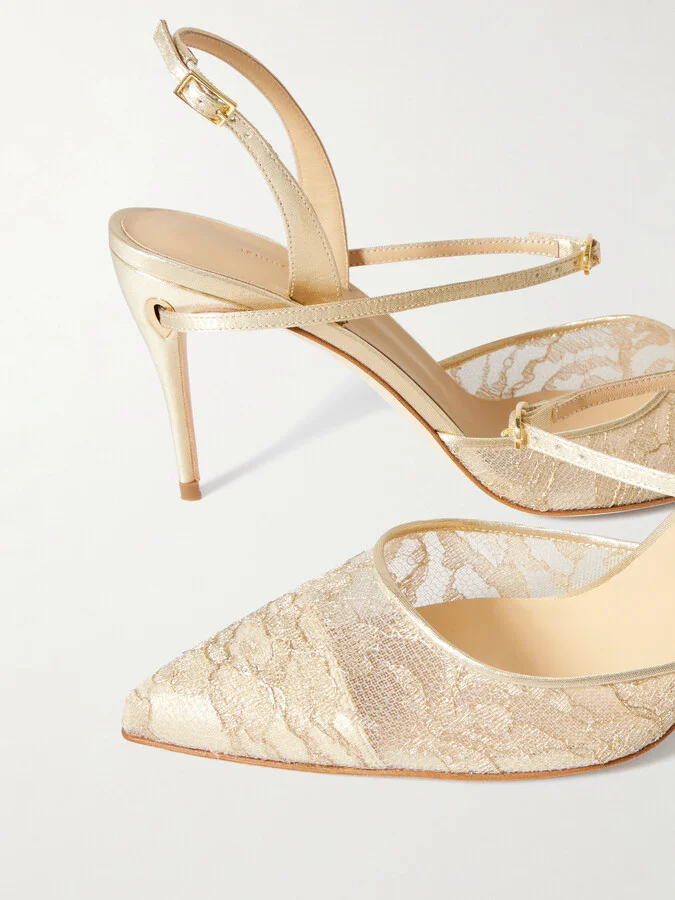 Jennifer Chamandi - Vittorio 85 Lamé-trimmed Metallic Lace Slingback Pumps - Gold - Image 4