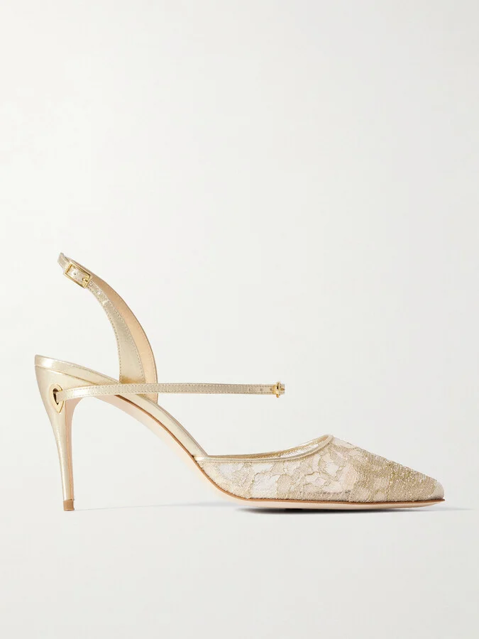 Jennifer Chamandi - Vittorio 85 Lamé-trimmed Metallic Lace Slingback Pumps - Gold