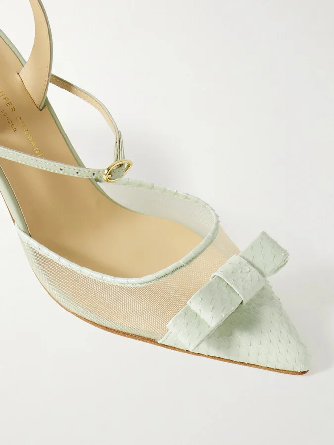 Jennifer Chamandi - Vittorio 85 Mesh And Leather-trimmed Elaphe Slingback Pumps - Green - Image 4