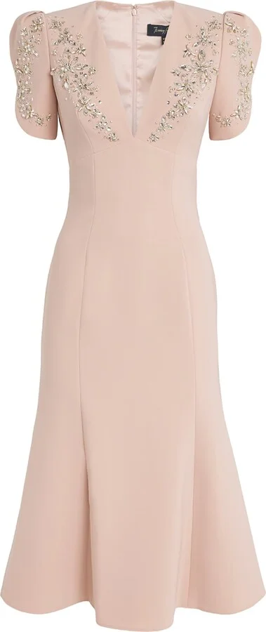 Jenny Packham Crepe Embellished Rose Bud Midi Dress