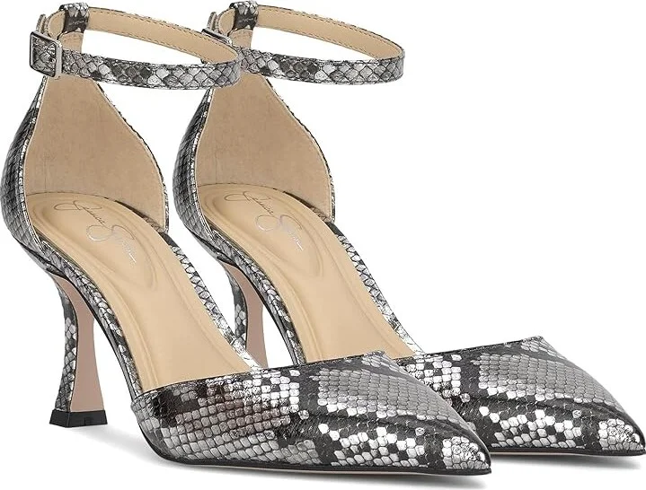 Jessica Simpson Foxena Pointed Toe Ankle Strap Pump High Women's Heels Chrome Metallic Snake : 8.5 M, Leather/Rubber